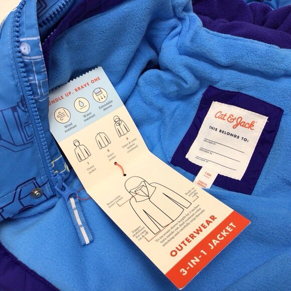 Cat & Jack NWT Zip-Up Winter 3-In-1 Jacket Blue Trucks Size 12 Months Flaw - Picture 9 of 12